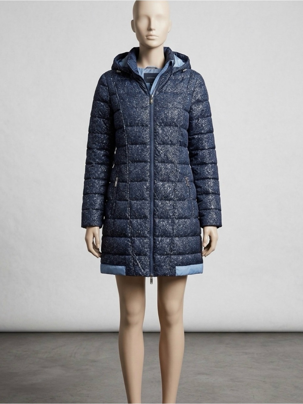 Womens Navy Quilted Hooded Long Puffer Coat